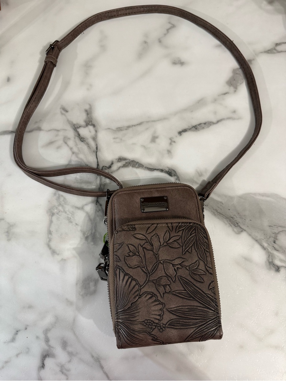 Liz Soto Floral Embossed Brown Leather Crossbody Phone Bag